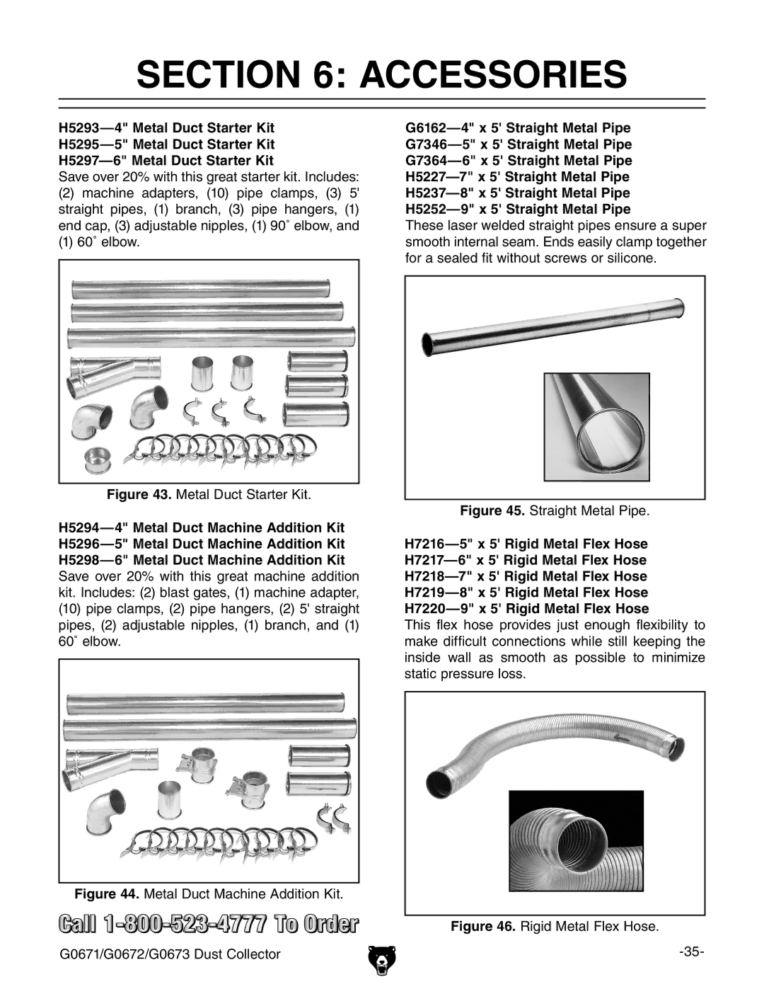 Grizzly G0673, G0671, G0672 owner manual Accessories, Metal Duct Starter Kit 