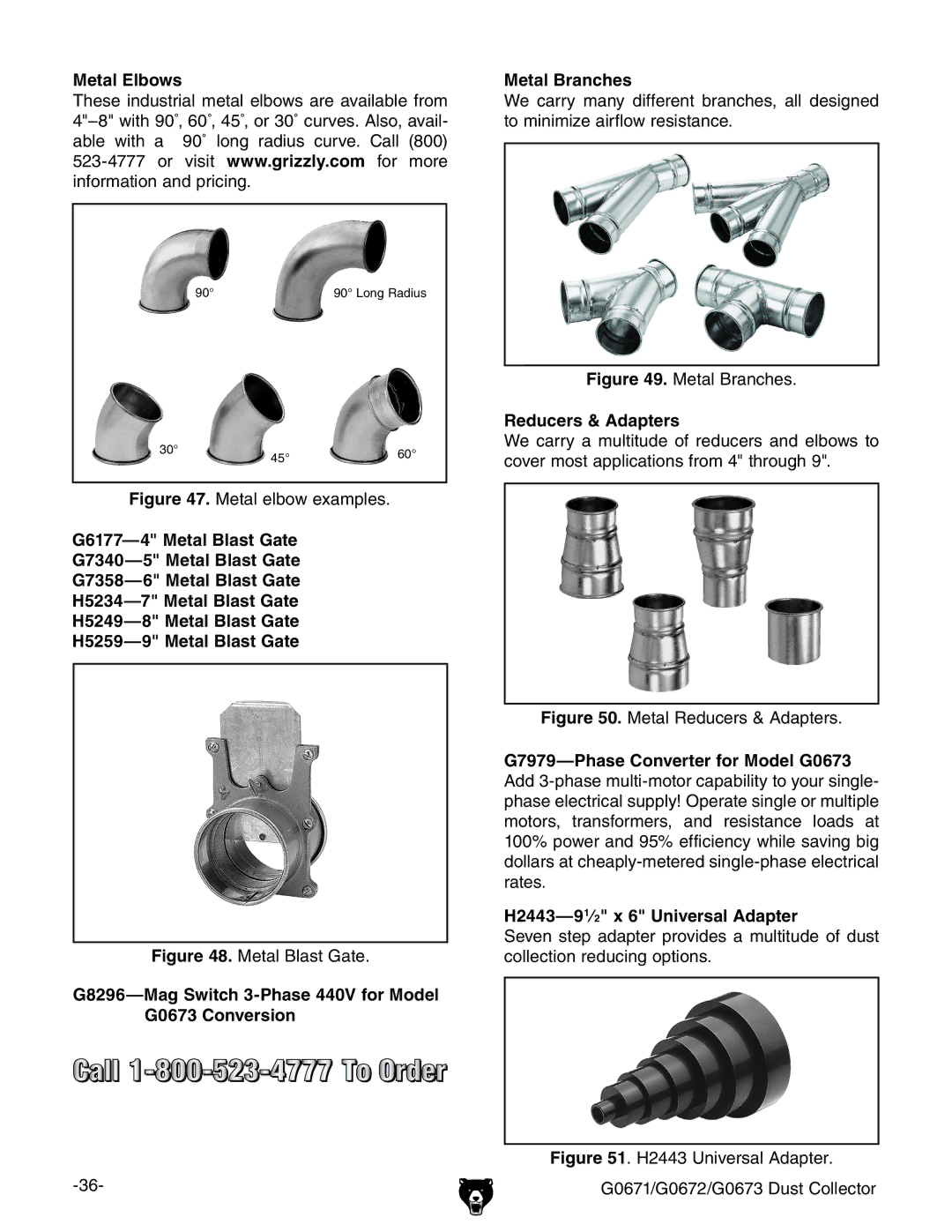 Grizzly G0672, G0671, G0673 owner manual Metal Elbows, Reducers & Adapters, H2443-9 1⁄2 x 6 Universal Adapter 