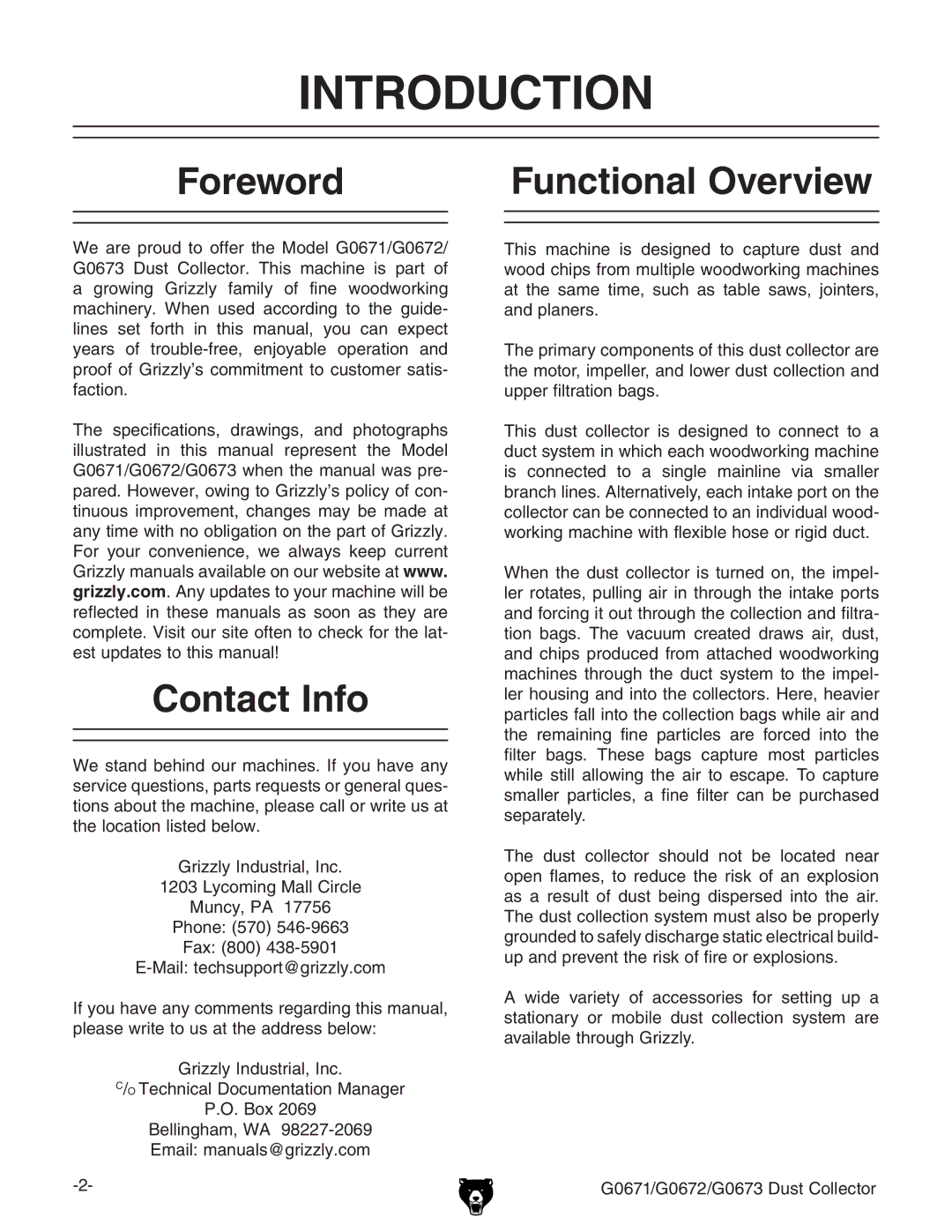 Grizzly G0673, G0671, G0672 owner manual Introduction, Foreword Functional Overview, Contact Info 