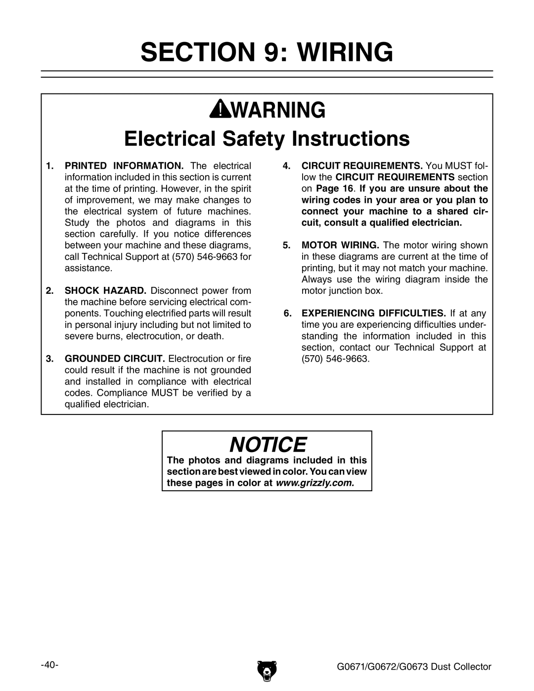 Grizzly G0671, G0673, G0672 owner manual Wiring, Electrical Safety Instructions 