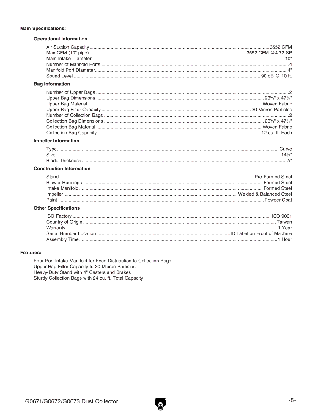 Grizzly G0673, G0671, G0672 owner manual Main Specifications Operational Information 