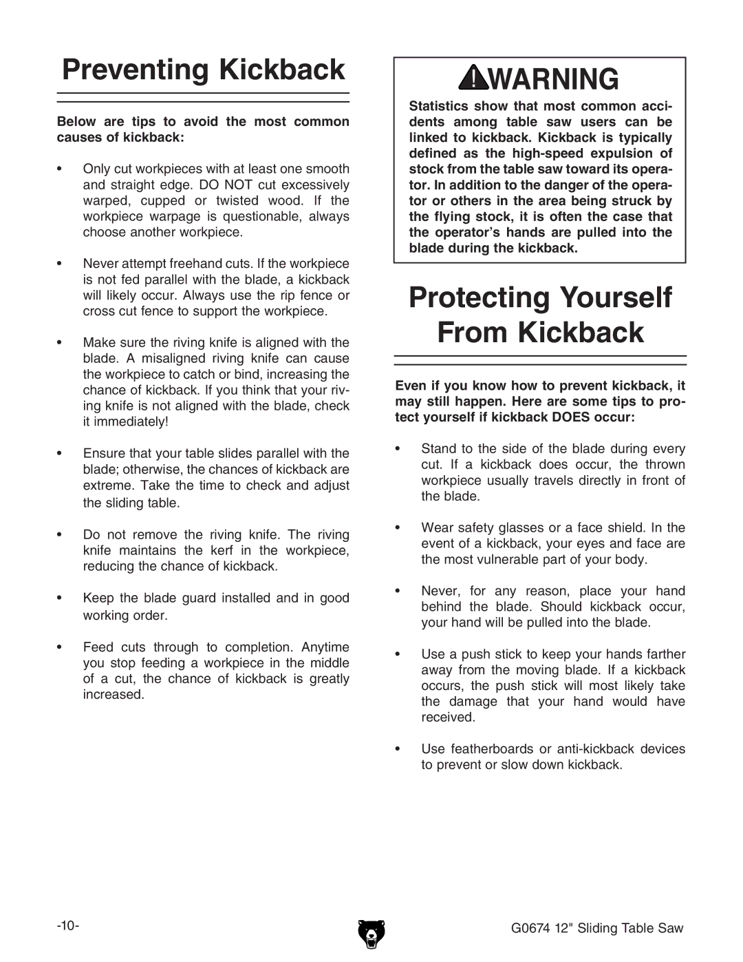 Grizzly G0674 owner manual Preventing Kickback, Protecting Yourself From Kickback 