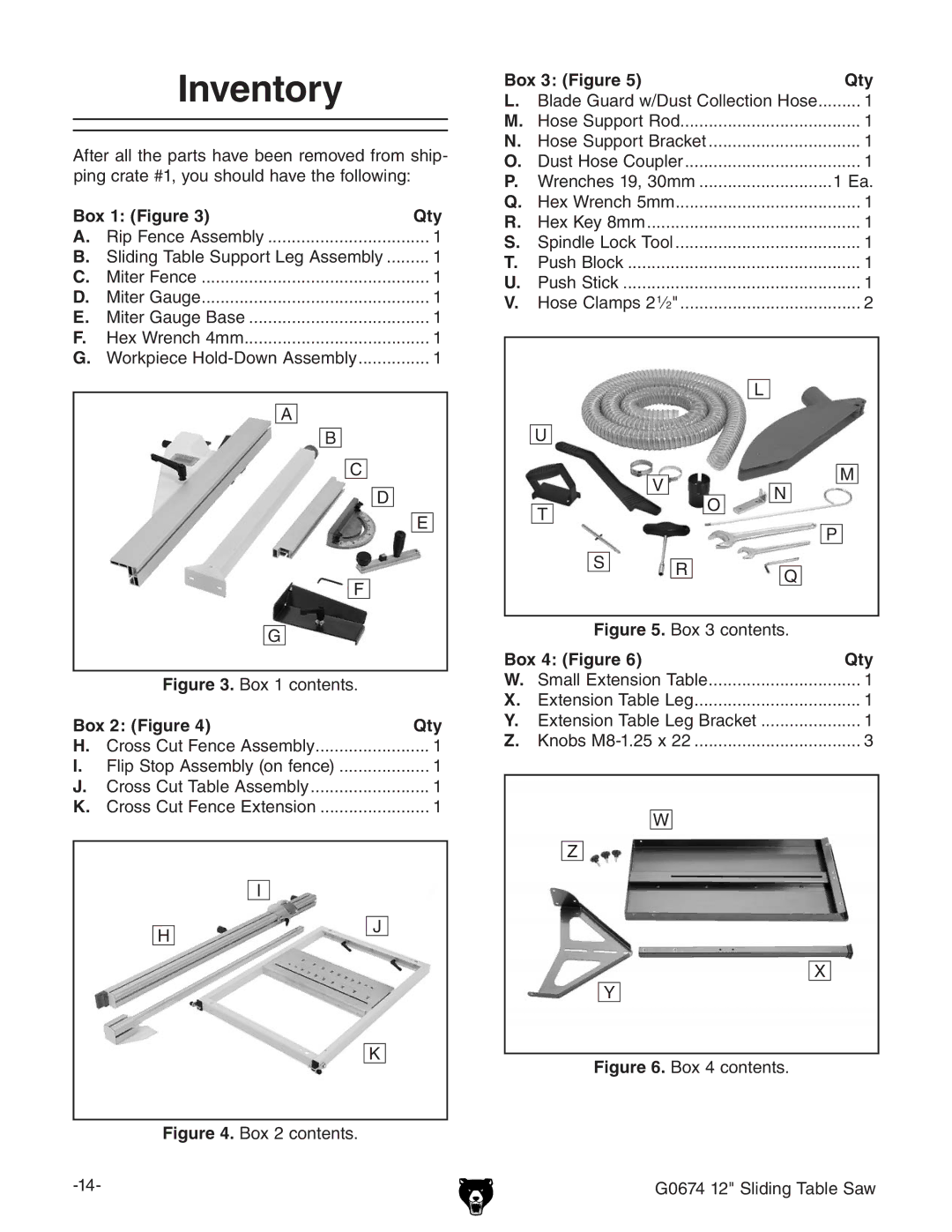 Grizzly G0674 owner manual Inventory, Box 1 Figure Qty, Box 3 Figure Qty, Box 2 Figure Qty 