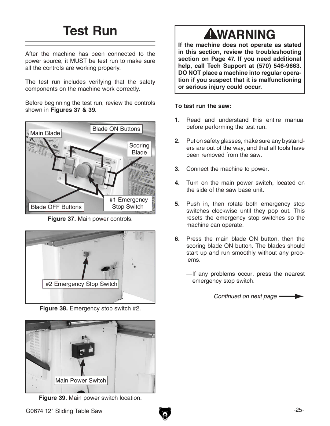 Grizzly G0674 owner manual Test Run, HdlccFigures 37 & 39 #, To test run the saw 