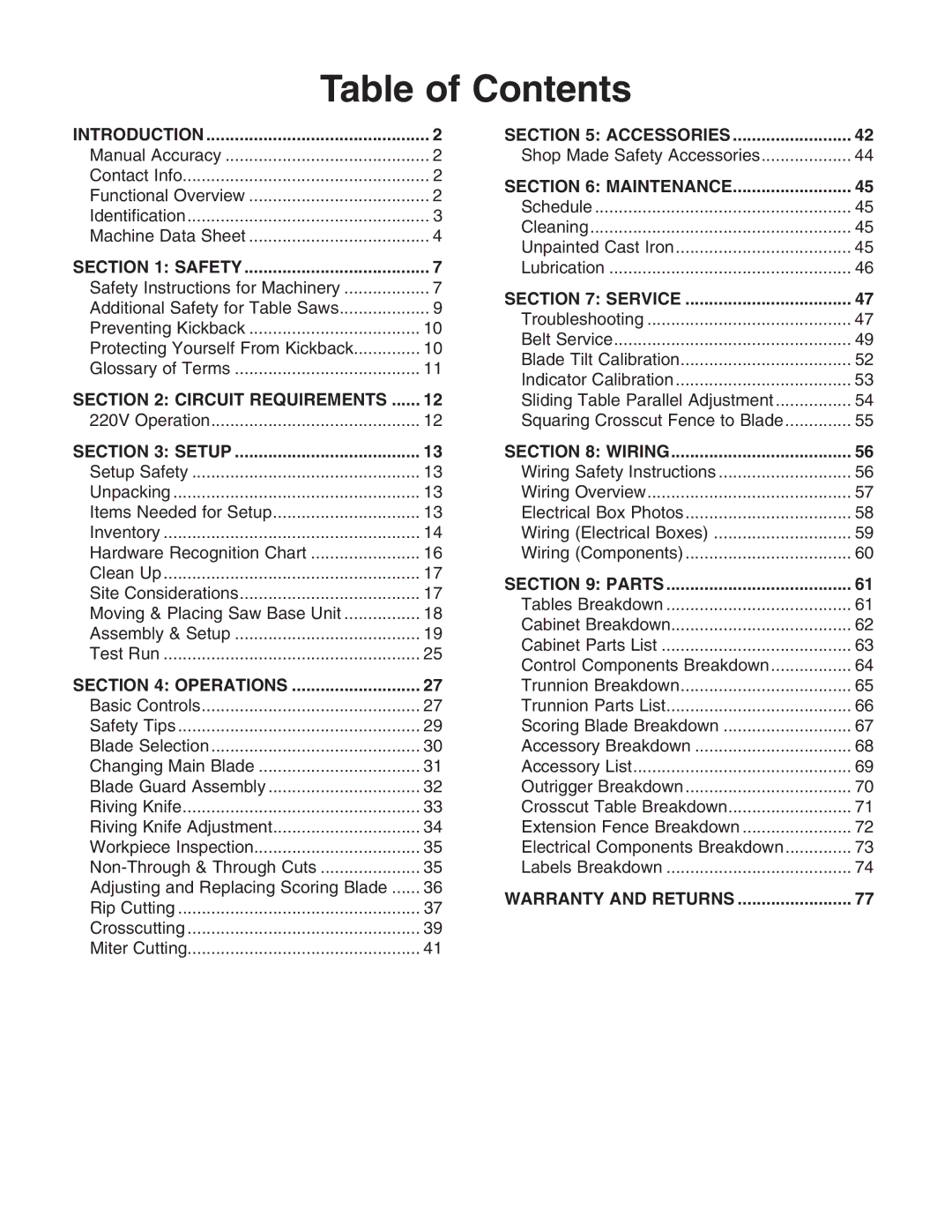 Grizzly G0674 owner manual Table of Contents 