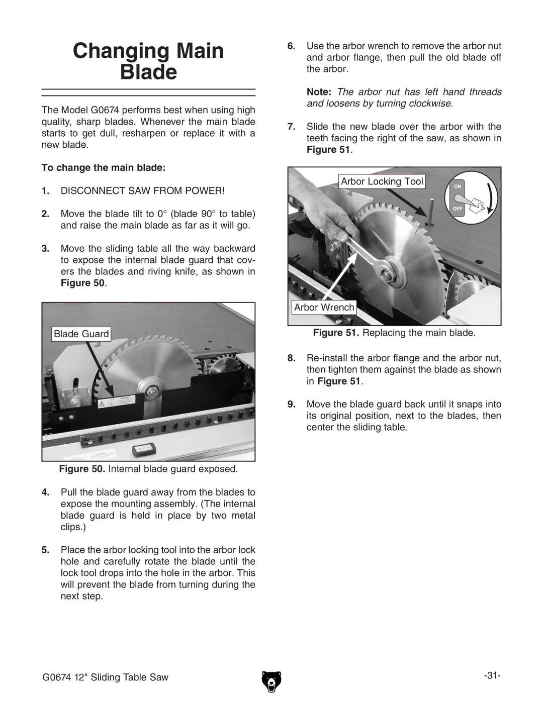 Grizzly G0674 owner manual Changing Main Blade, To change the main blade, 9H8DCC8IH6LGDBEDLG 