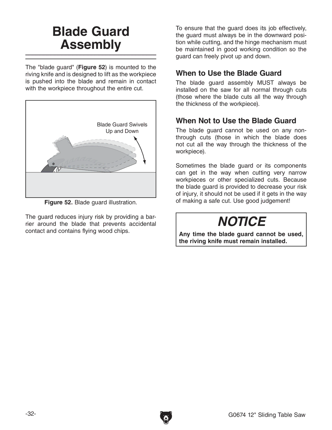 Grizzly G0674 owner manual Blade Guard Assembly, When to Use the Blade Guard, When Not to Use the Blade Guard 