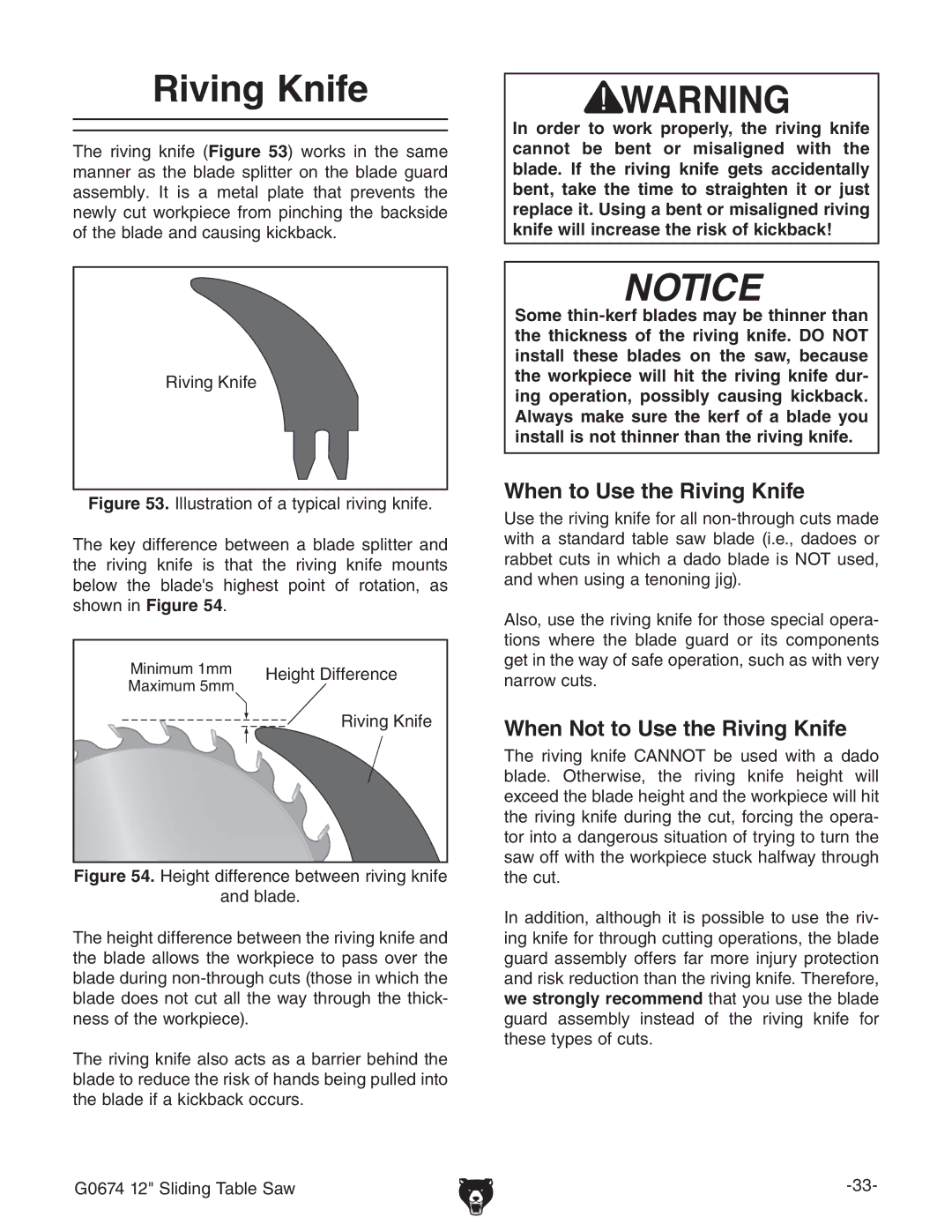 Grizzly G0674 owner manual When to Use the Riving Knife, When Not to Use the Riving Knife 