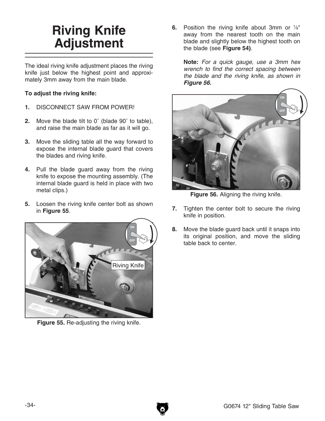 Grizzly G0674 owner manual Riving Knife Adjustment, To adjust the riving knife 