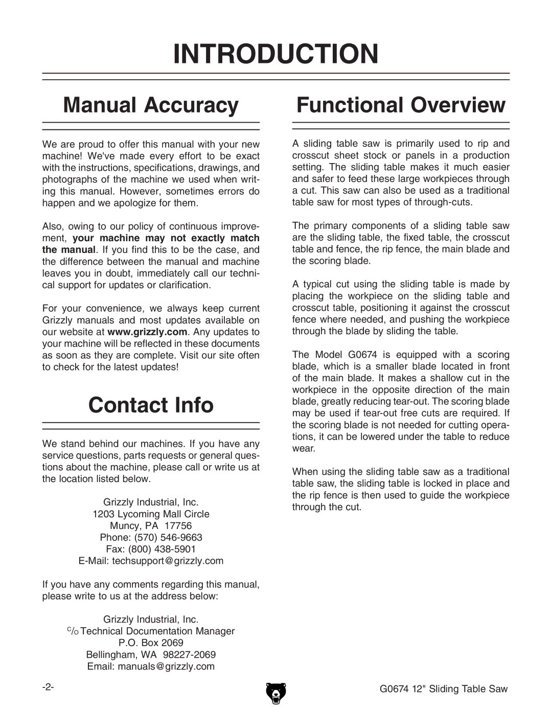 Grizzly G0674 owner manual Introduction, Manual Accuracy Functional Overview, Contact Info, +,&HaYc\IVWaZHVl 