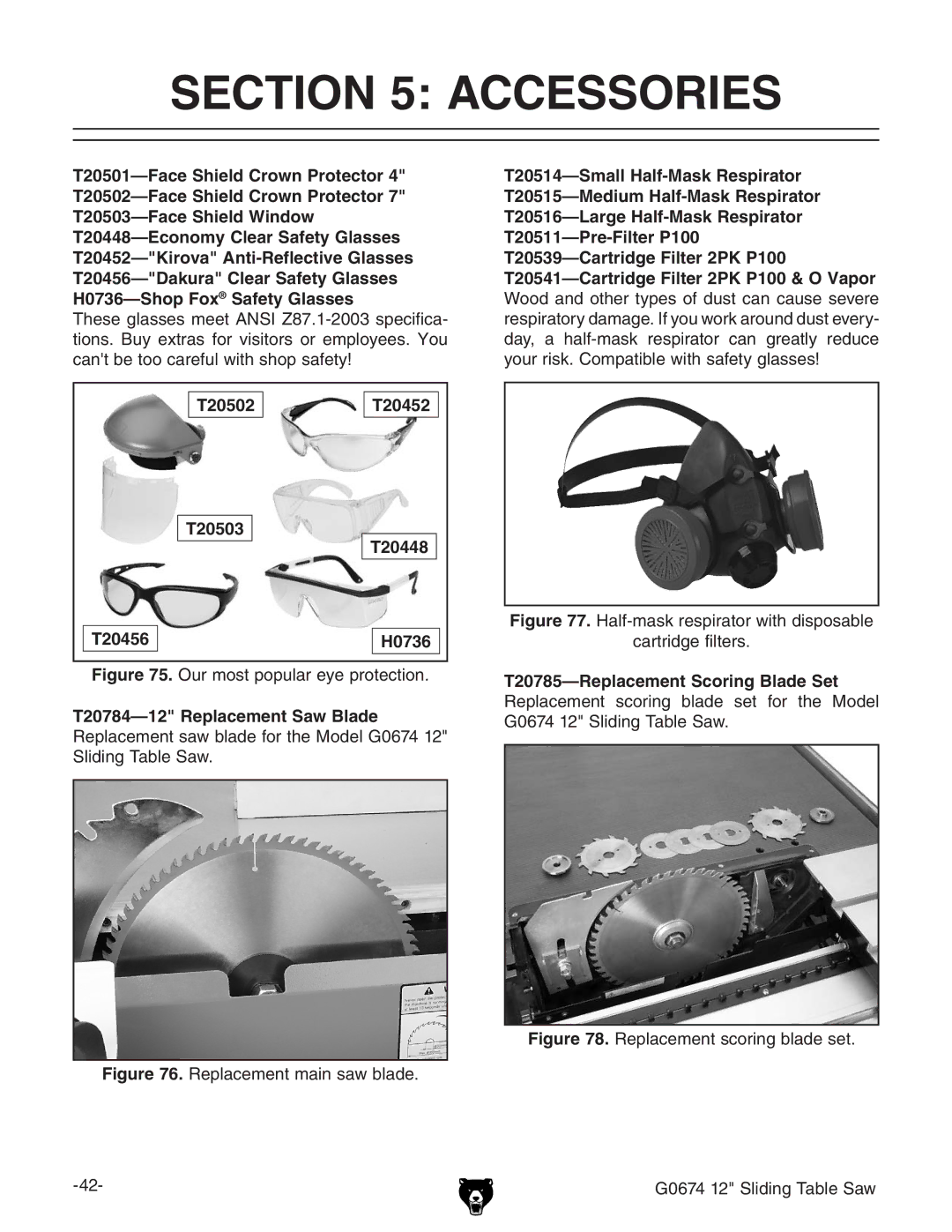 Grizzly G0674 owner manual Accessories, T20502 T20452 T20503 T20448 T20456 H0736, T20784-12 Replacement Saw Blade 