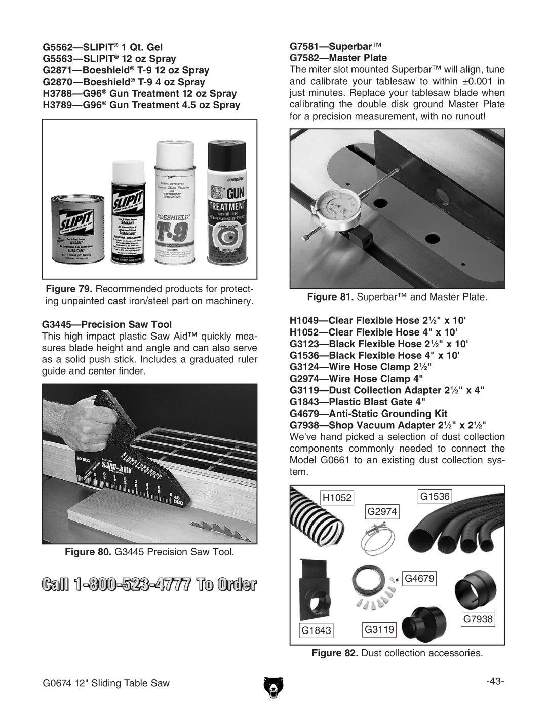 Grizzly G0674 owner manual G3445-Precision Saw Tool, G7581-Superbar G7582-Master Plate 