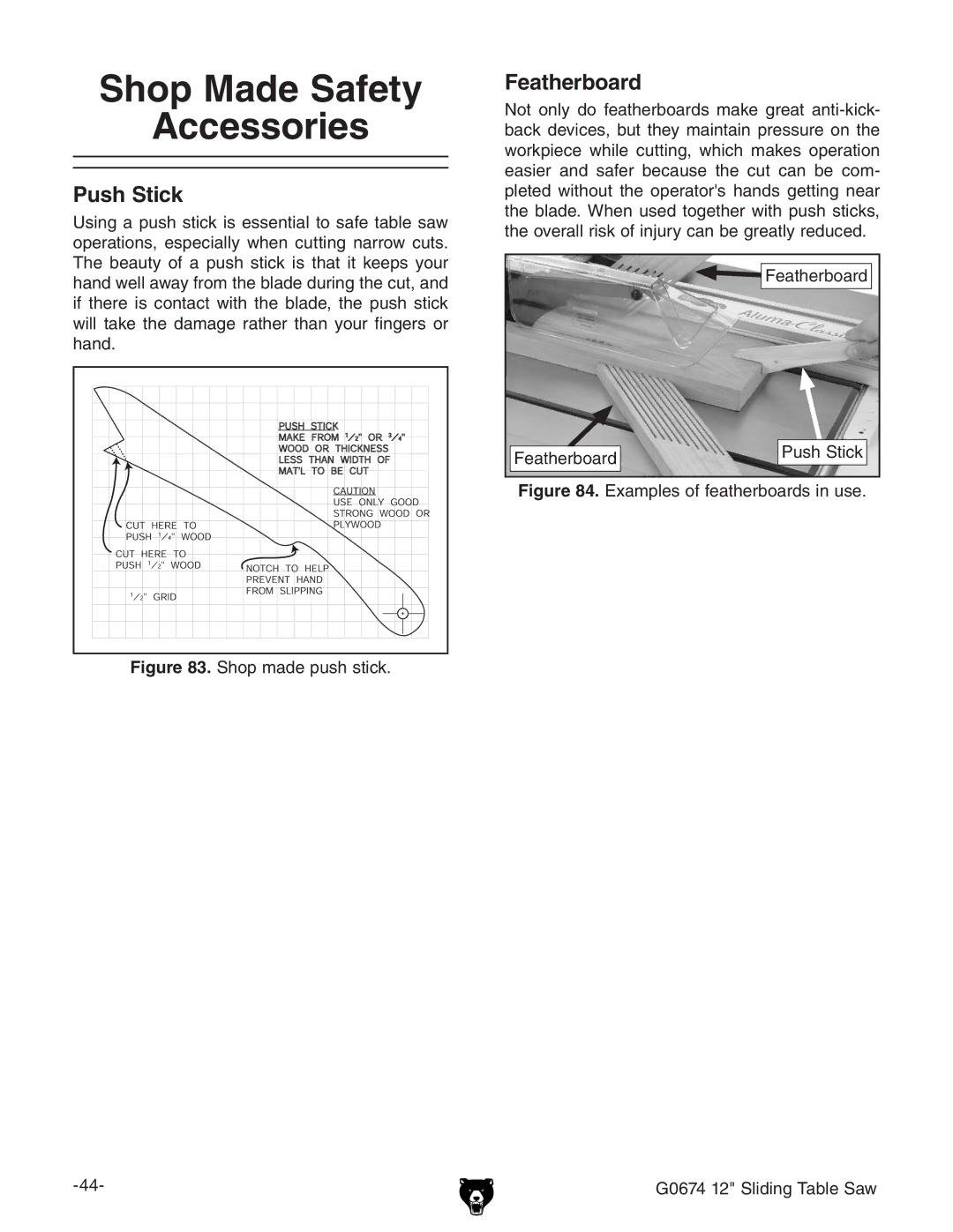 Grizzly G0674 owner manual Shop Made Safety Accessories, Push Stick, Featherboard, ZViZgWdVgY EjhHiX` 