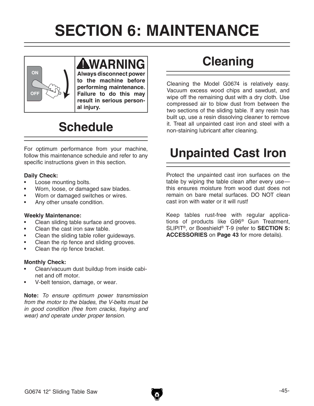 Grizzly G0674 owner manual Maintenance, Schedule, Cleaning, Unpainted Cast Iron 