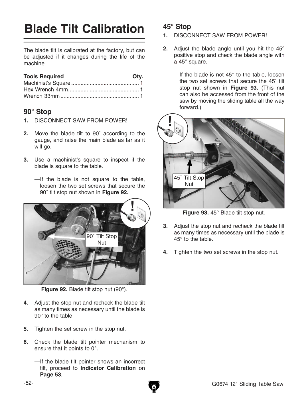 Grizzly G0674 owner manual Blade Tilt Calibration, Stop 