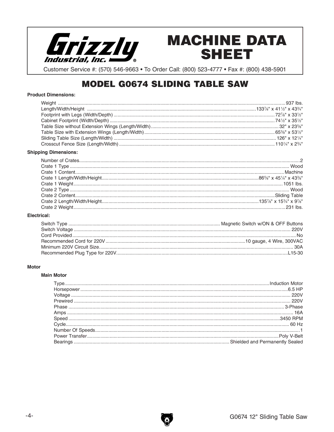 Grizzly G0674 owner manual Machine Data Sheet 