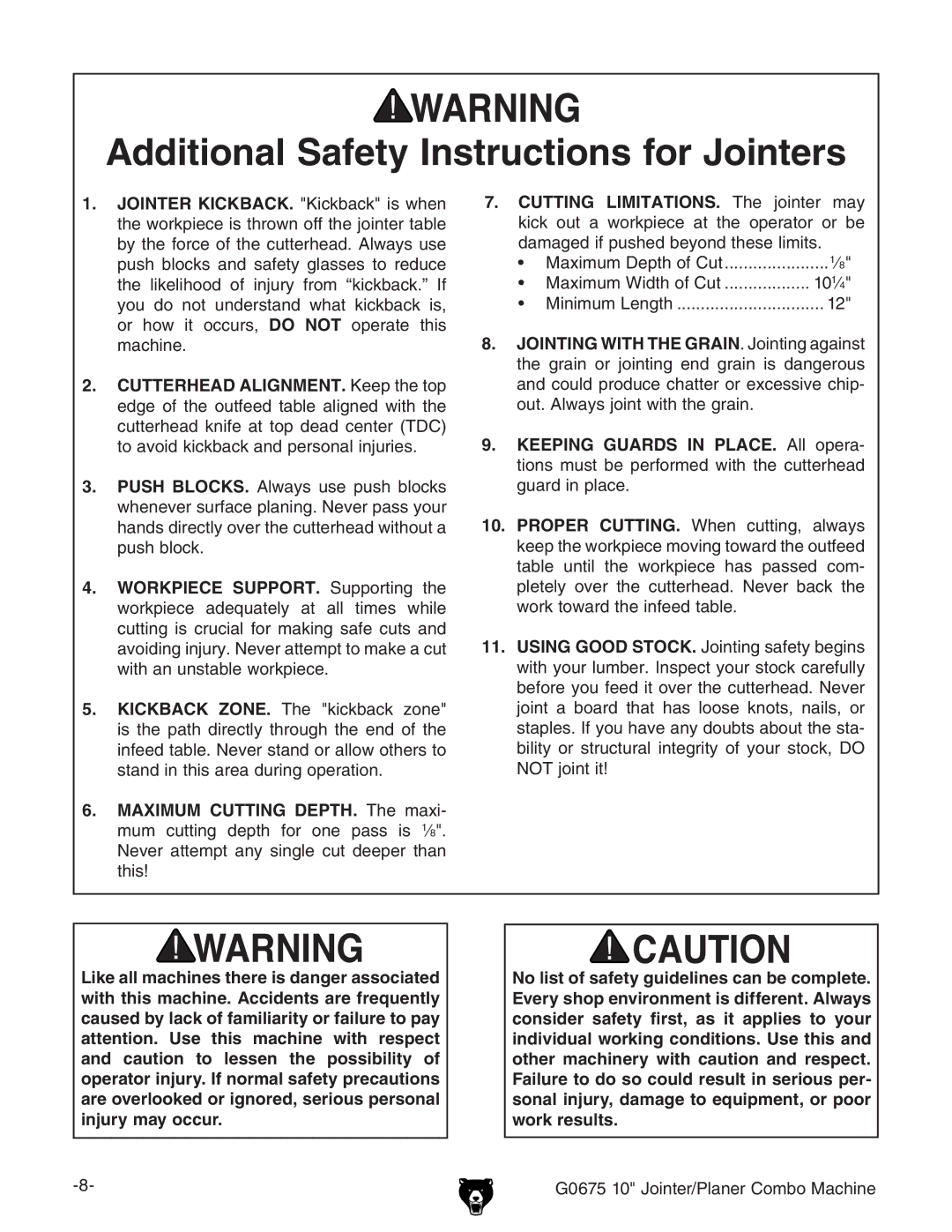 Grizzly G0675 owner manual Additional Safety Instructions for Jointers 