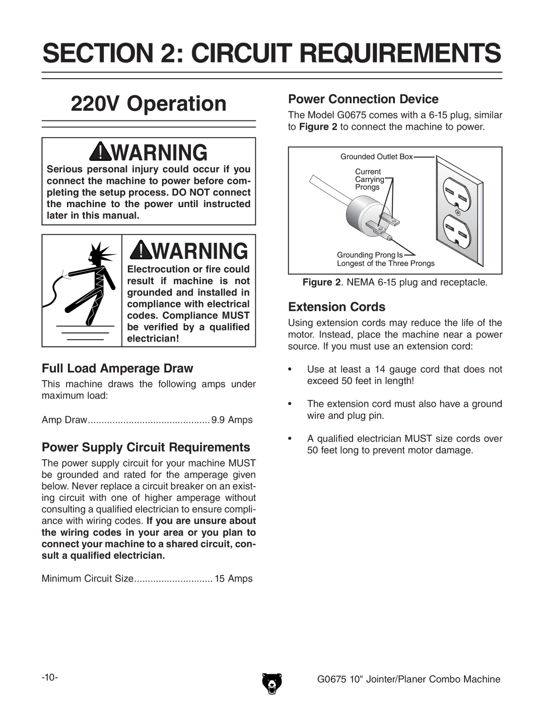 Grizzly G0675 owner manual Circuit Requirements, 220V Operation 