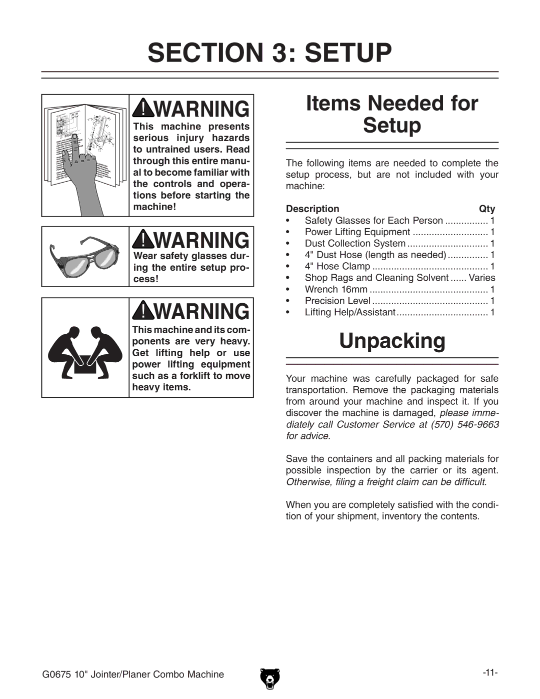 Grizzly G0675 owner manual Items Needed for Setup, Unpacking, Description Qty 