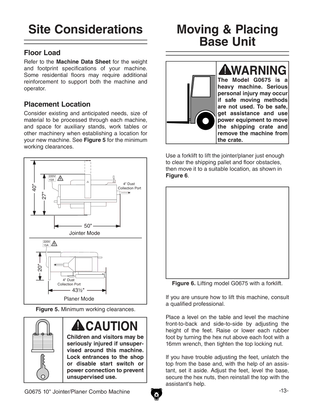 Grizzly G0675 Site Considerations, Moving & Placing Base Unit, Floor Load, Placement Location, Ldg`c\XaZVgVcXZh# 