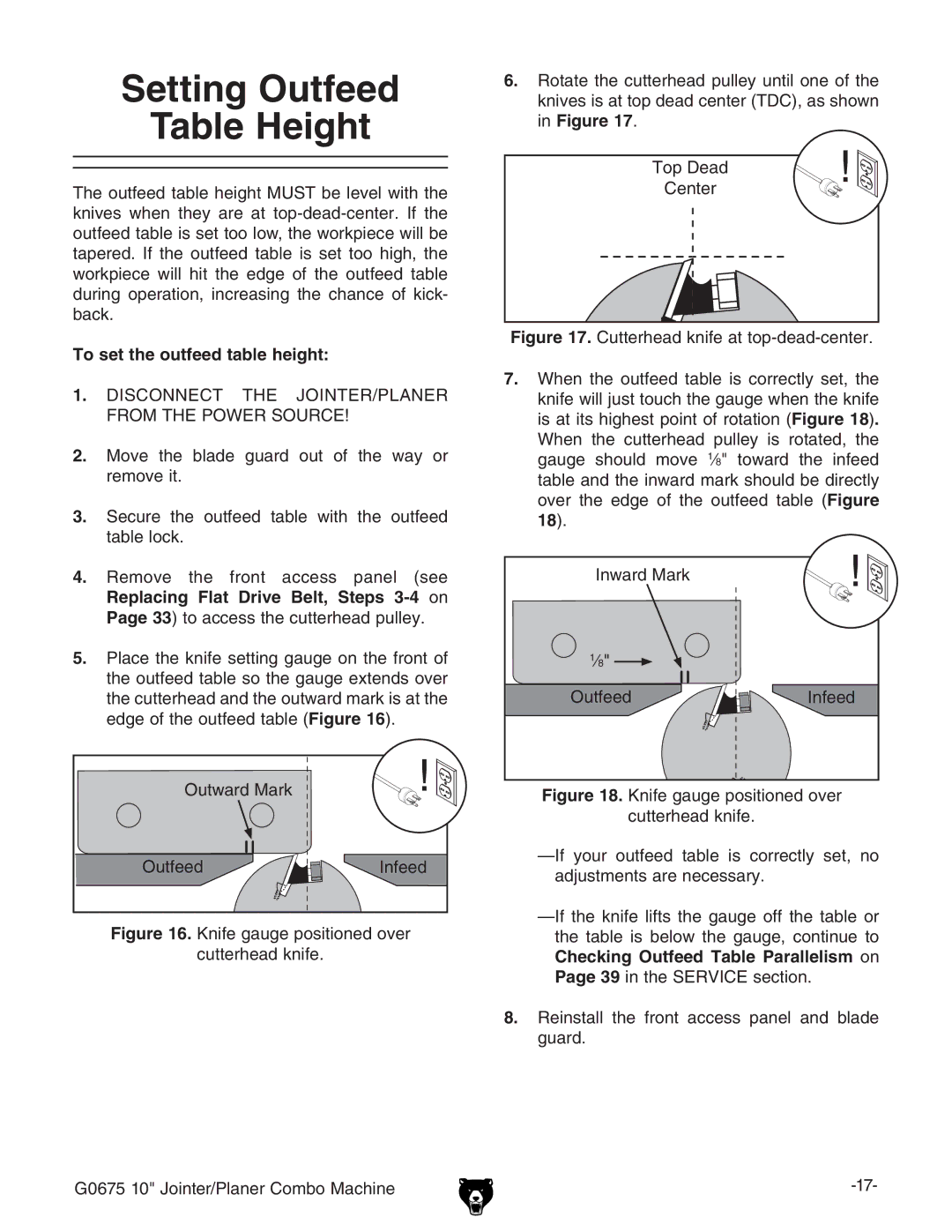 Grizzly G0675 owner manual Setting Outfeed Table Height, To set the outfeed table height 