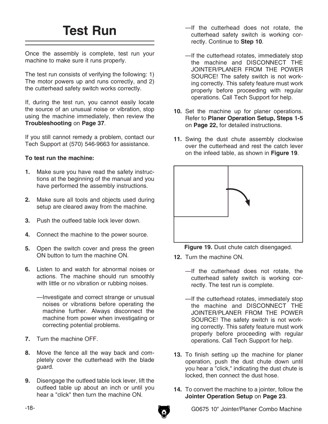 Grizzly G0675 owner manual Test Run, To test run the machine, Jointer Operation SetupdcPage 23# 