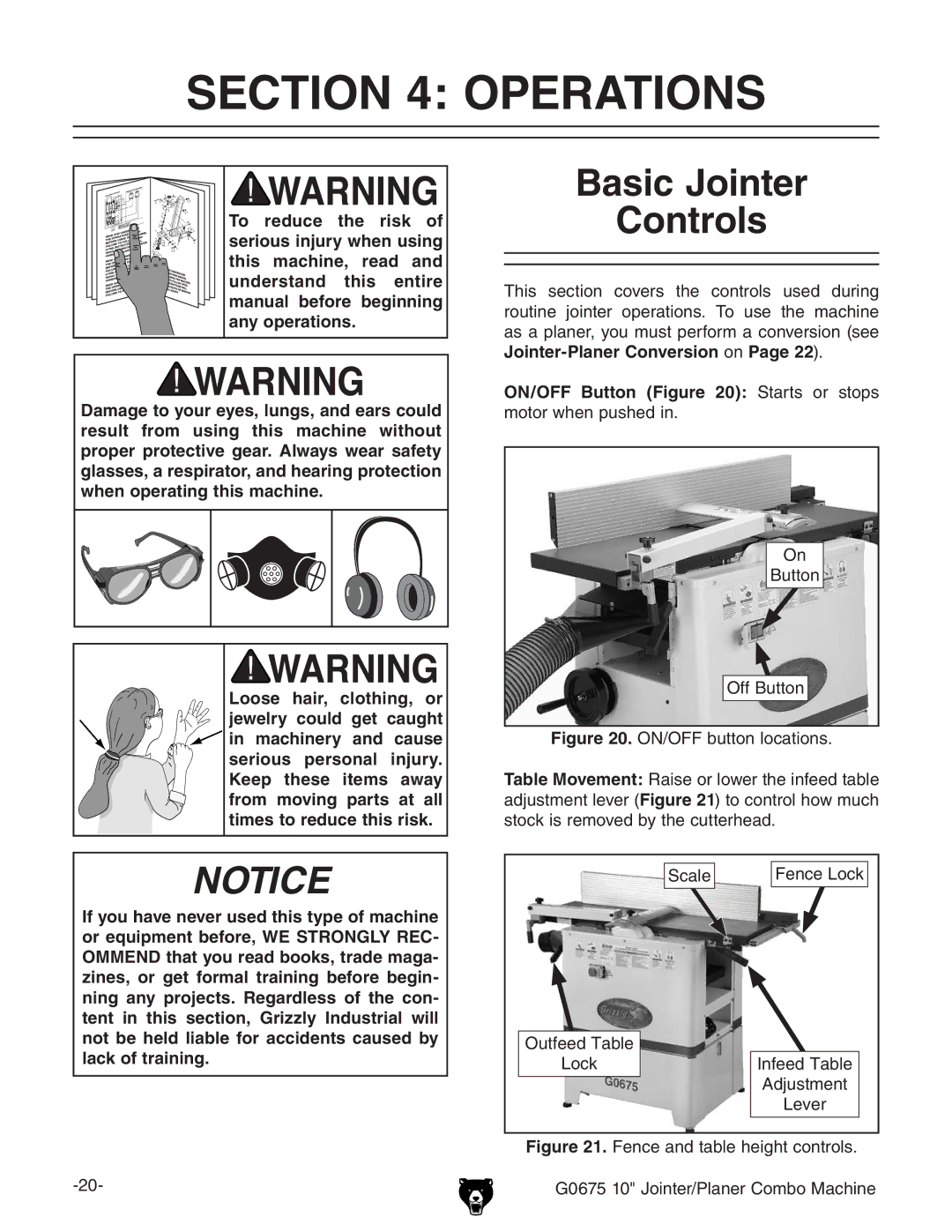 Grizzly G0675 owner manual Operations, Jointer-Planer ConversiondcPage 22#, ON/OFF Button Figure 