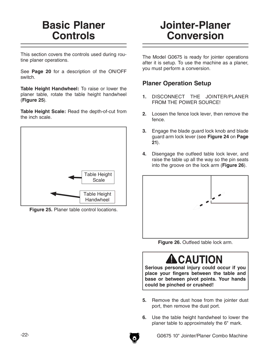 Grizzly G0675 owner manual Basic Planer Controls, Jointer-Planer Conversion, Planer Operation Setup 