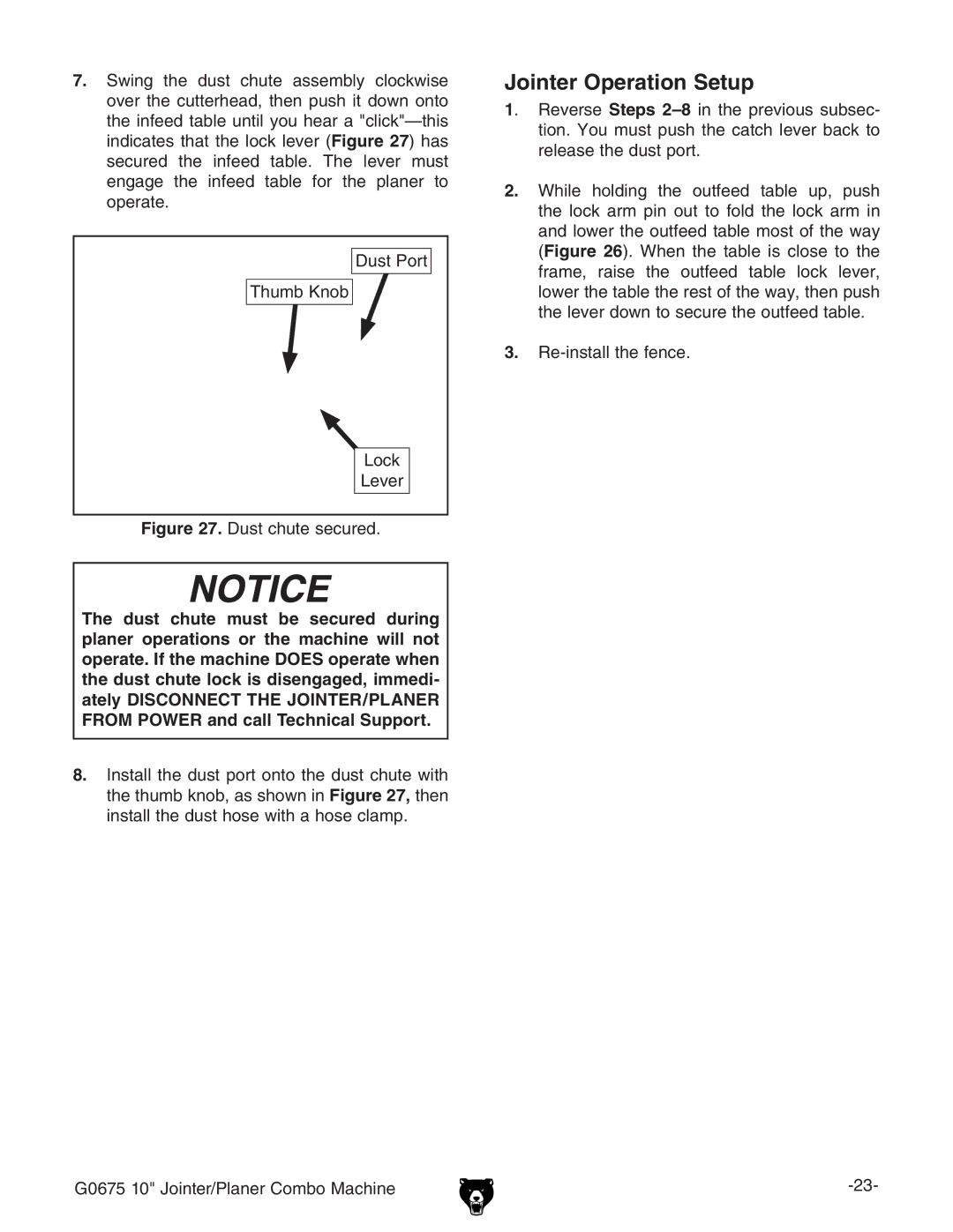 Grizzly G0675 owner manual Jointer Operation Setup, 9jhiEdgi IjbW@cdW AdX` AZkZg, GZchiVaaiZZcXZ# 