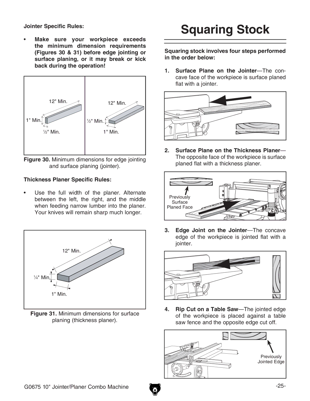 Grizzly G0675 owner manual Squaring Stock, Thickness Planer Specific Rules, IZ Xdc, AViliVdciZg# 