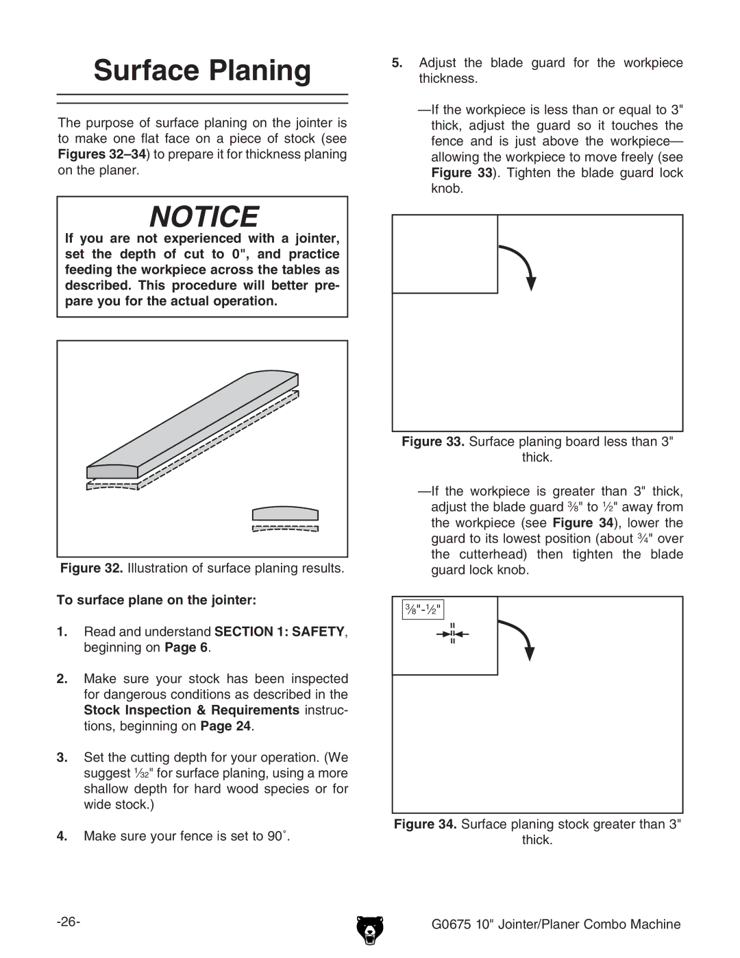 Grizzly G0675 Surface Planing, To surface plane on the jointer,  GZVYVcYjcYZghiVcY SAFETY, WZ\ccc\dcPage 6#, ¿-&¿ 