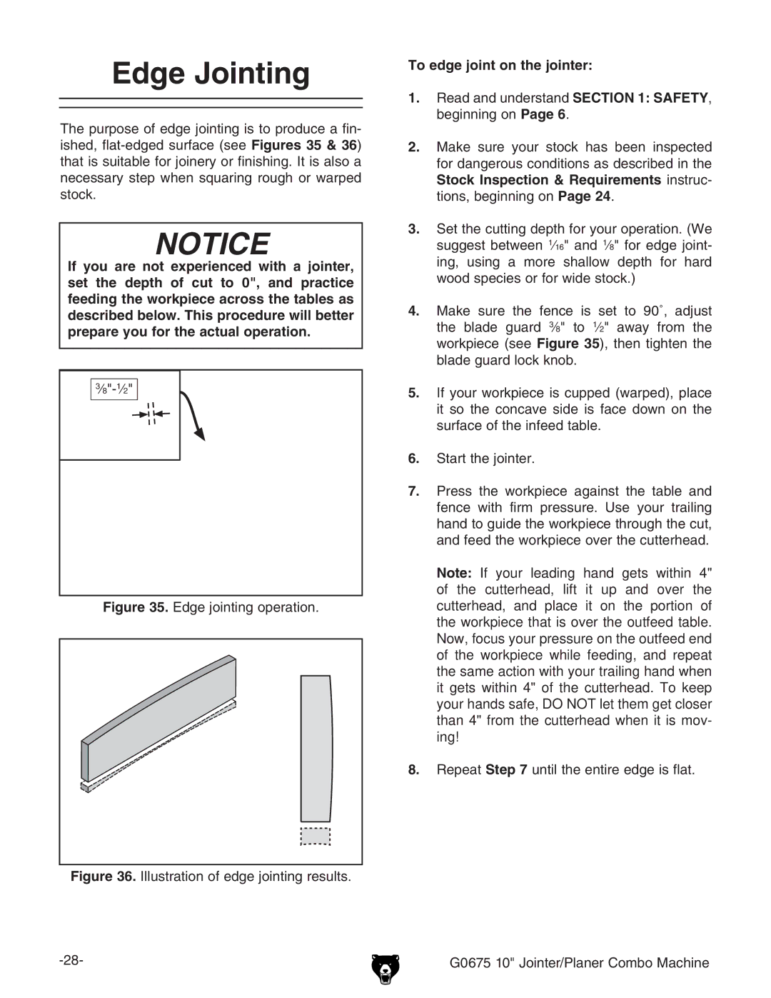 Grizzly G0675 owner manual Edge Jointing, To edge joint on the jointer,  GZeZVi jciaiZZcigZZY\ZhaVi# 