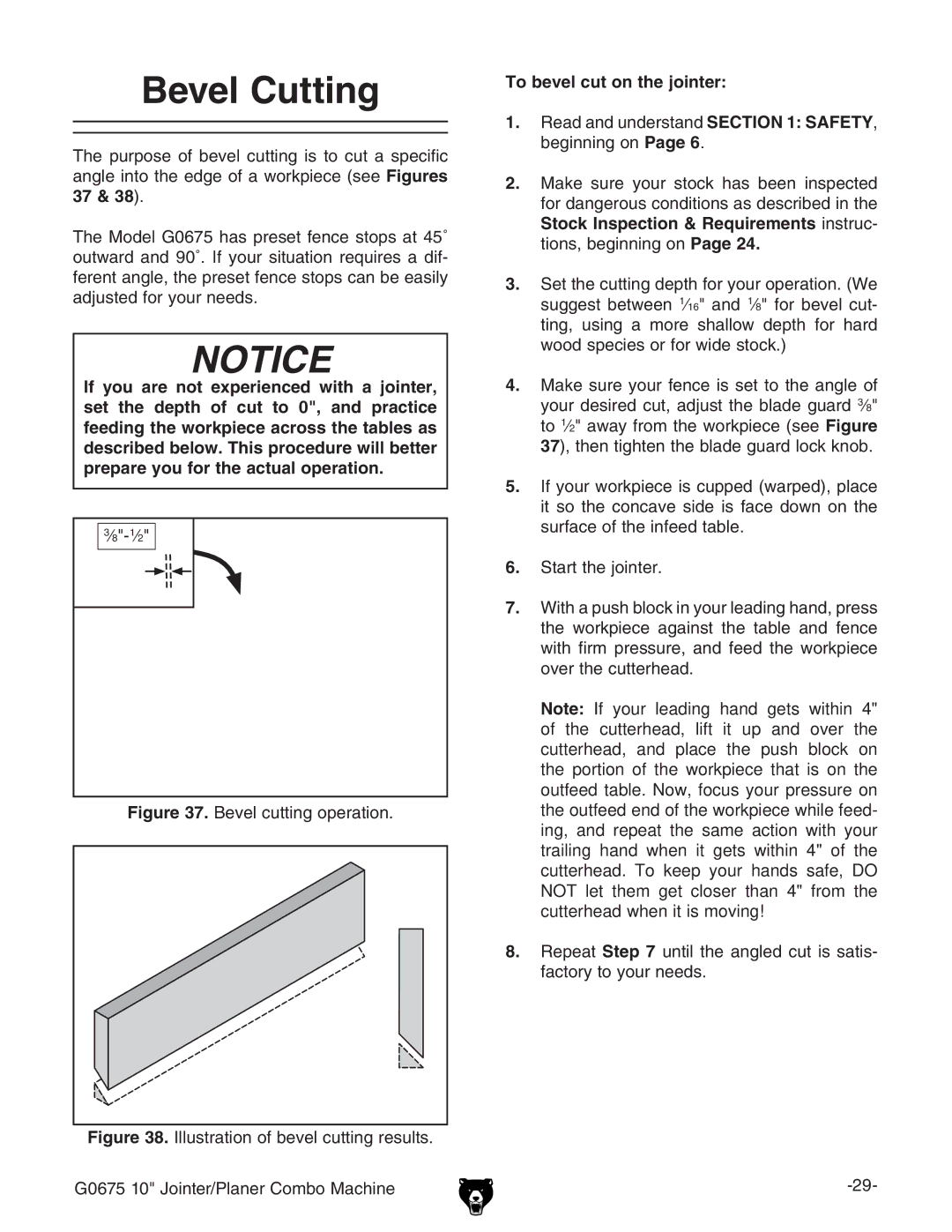 Grizzly G0675 owner manual Bevel Cutting, To bevel cut on the jointer 