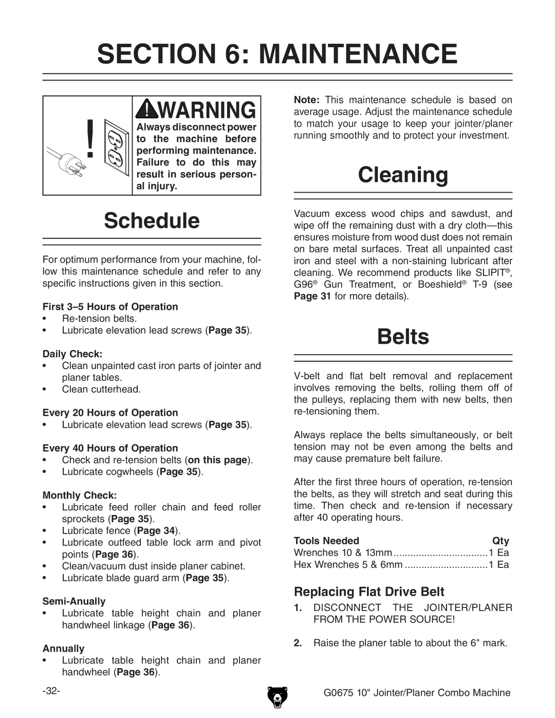 Grizzly G0675 owner manual Maintenance, Schedule, Cleaning, Belts, Replacing Flat Drive Belt 