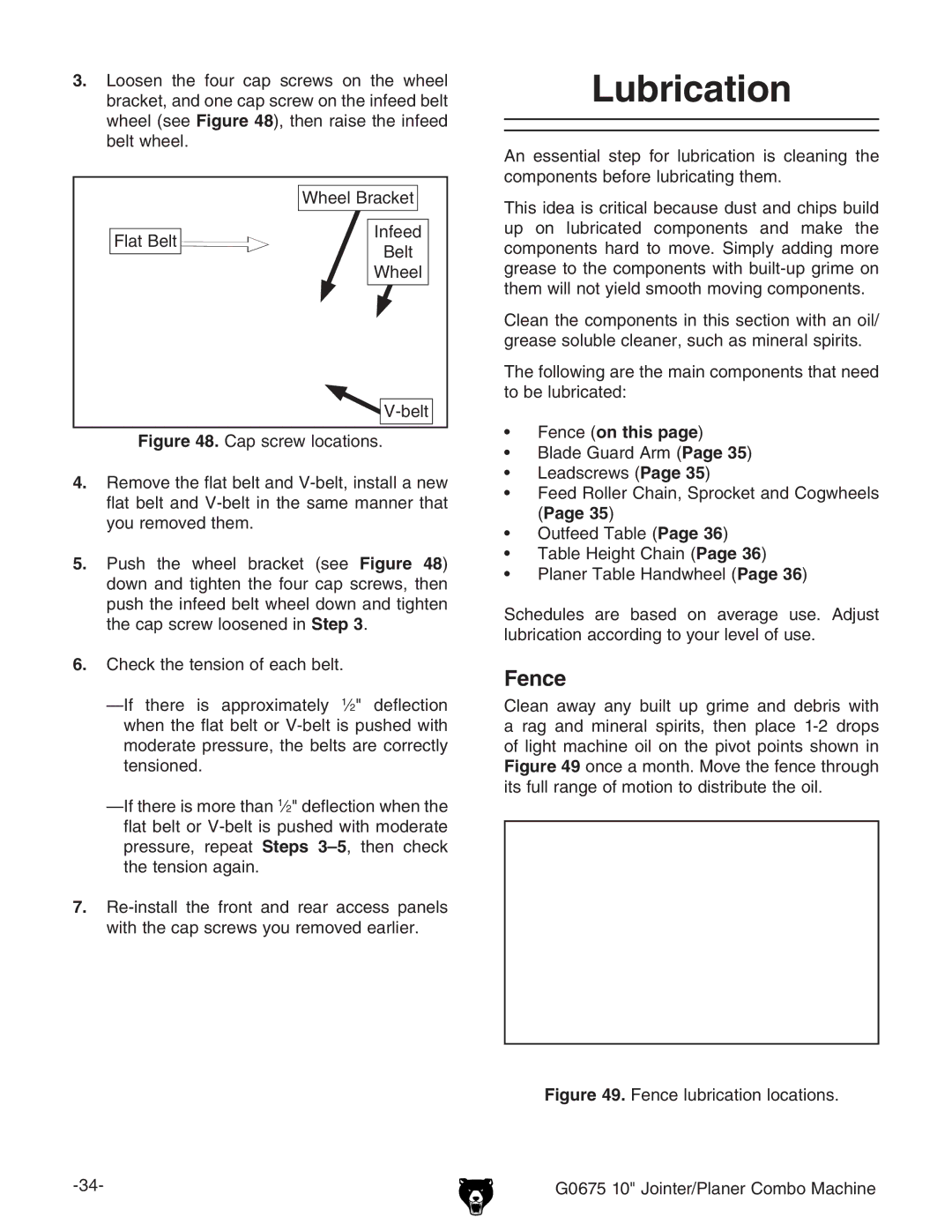 Grizzly G0675 owner manual Lubrication, Fence, ™ ZcXZon this page 