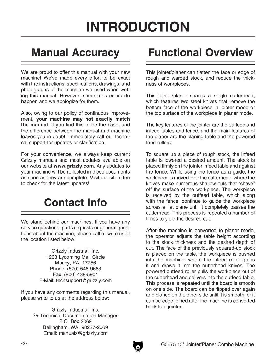 Grizzly G0675 Introduction, Manual Accuracy Functional Overview, Contact Info, +,*&%?dciZg$EaVcZg8dbWdBVXcZ 