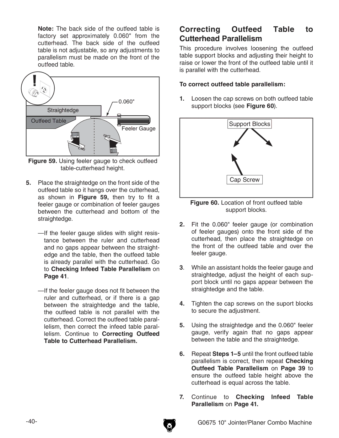 Grizzly G0675 owner manual Correcting Outfeed Table to Cutterhead Parallelism, To correct outfeed table parallelism 