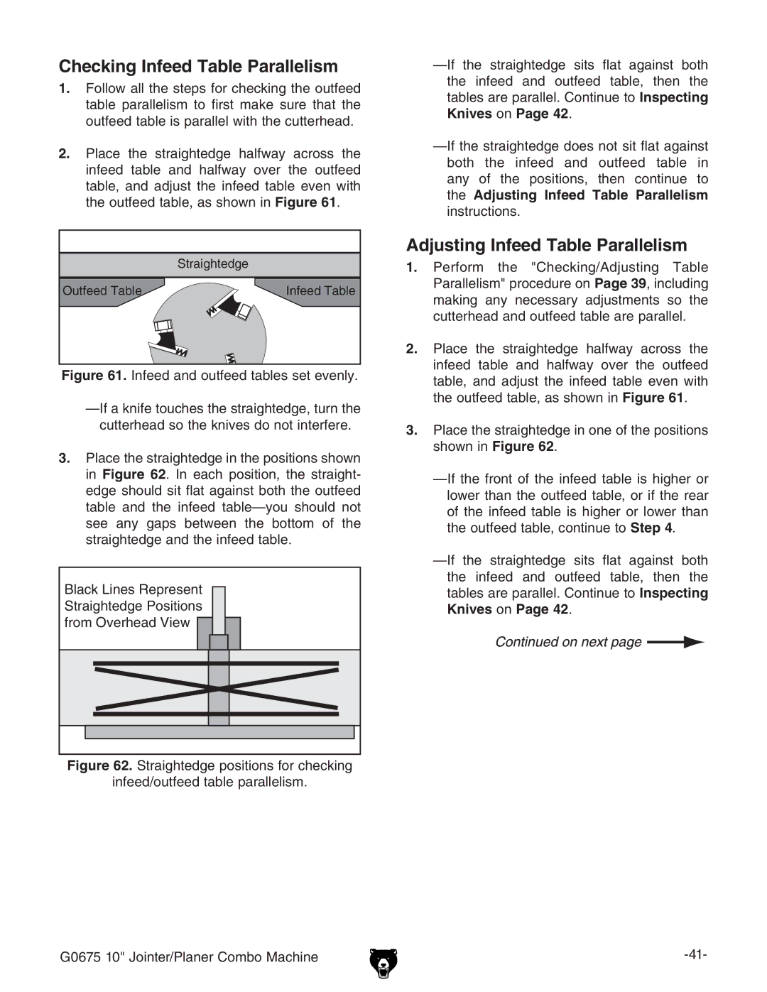 Grizzly G0675 owner manual Checking Infeed Table Parallelism, Adjusting Infeed Table Parallelism 