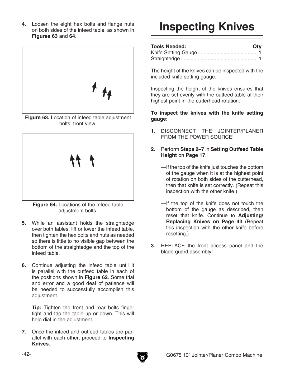 Grizzly G0675 owner manual Inspecting Knives, VaaZaliZVXdiZg!egdXZZYidInspecting, Knives# 