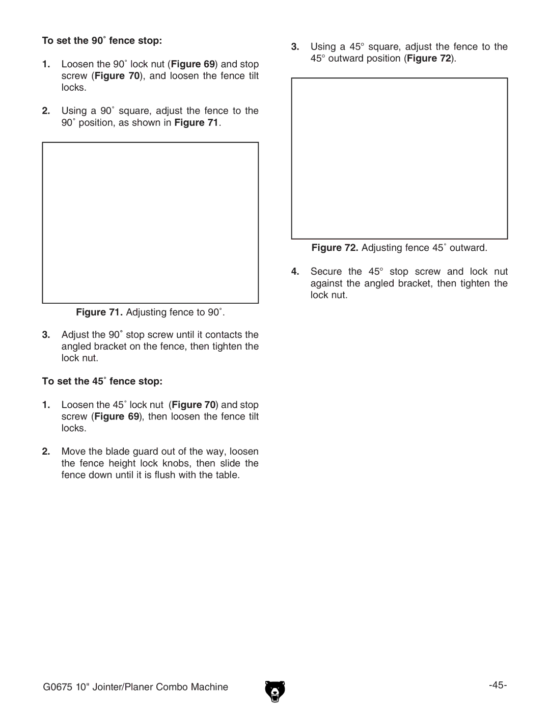 Grizzly G0675 owner manual To set the 90˚ fence stop, To set the 45˚ fence stop 