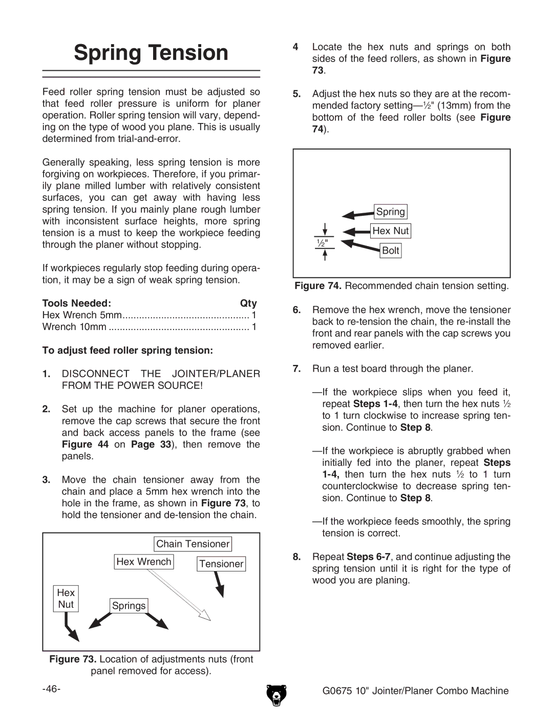 Grizzly G0675 owner manual Spring Tension, To adjust feed roller spring tension 