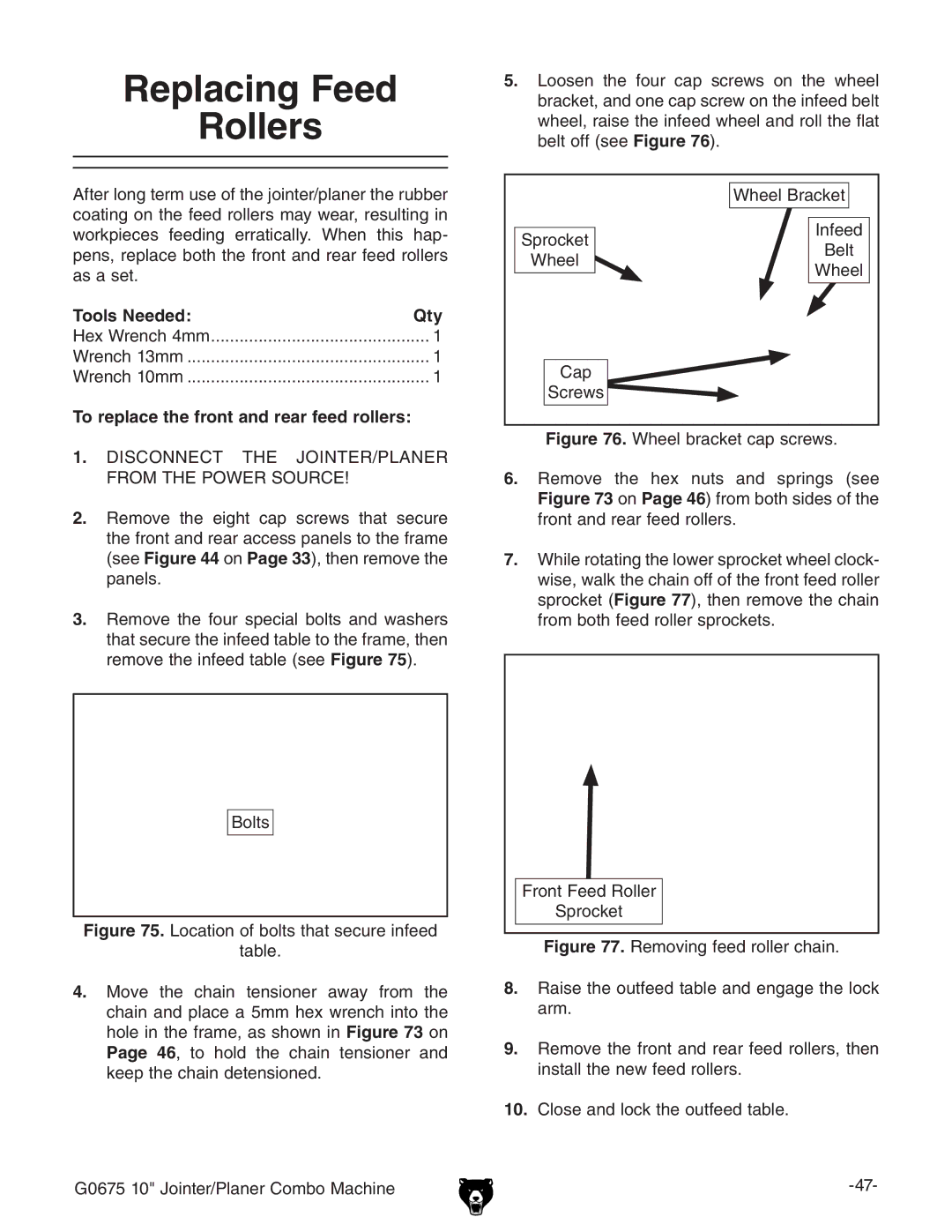Grizzly G0675 owner manual Replacing Feed Rollers, To replace the front and rear feed rollers, 7daih, IVWaZ# 