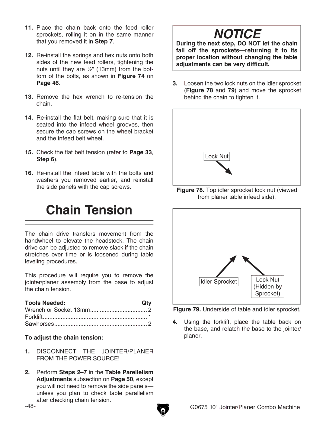 Grizzly G0675 Chain Tension, 13. GZbdkZ iZ Zm lgZcX id gZiZchdc iZ XVc#, To adjust the chain tension, HegdX`Zi 