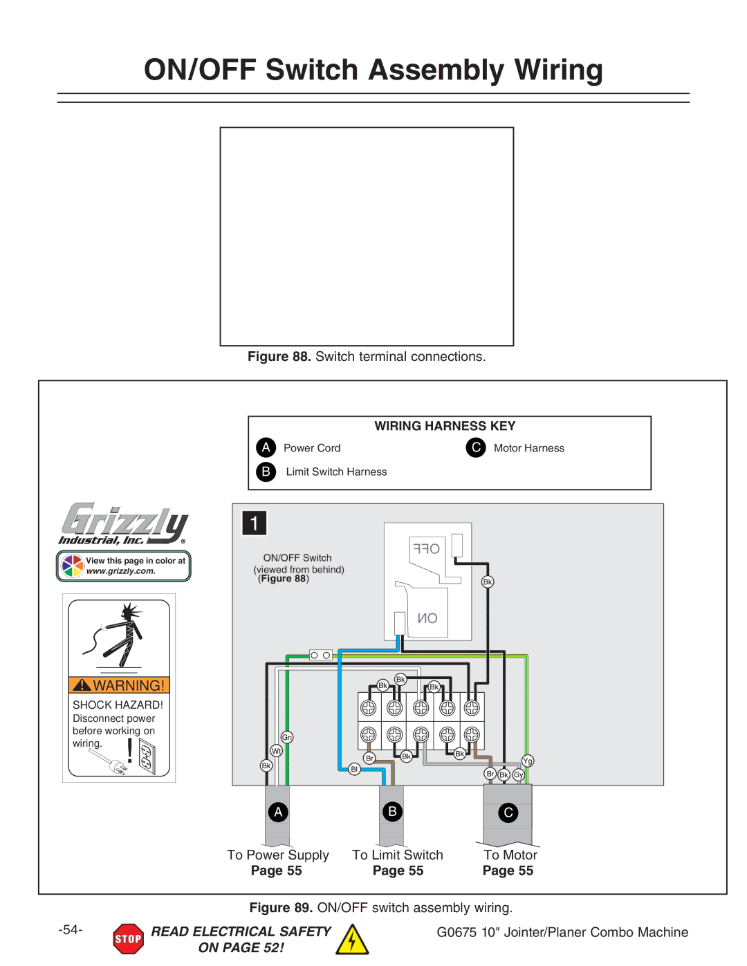 Grizzly G0675 owner manual ON/OFF Switch Assembly Wiring, IdEdlZgHjeean IdAbiHliX IdBdidg 