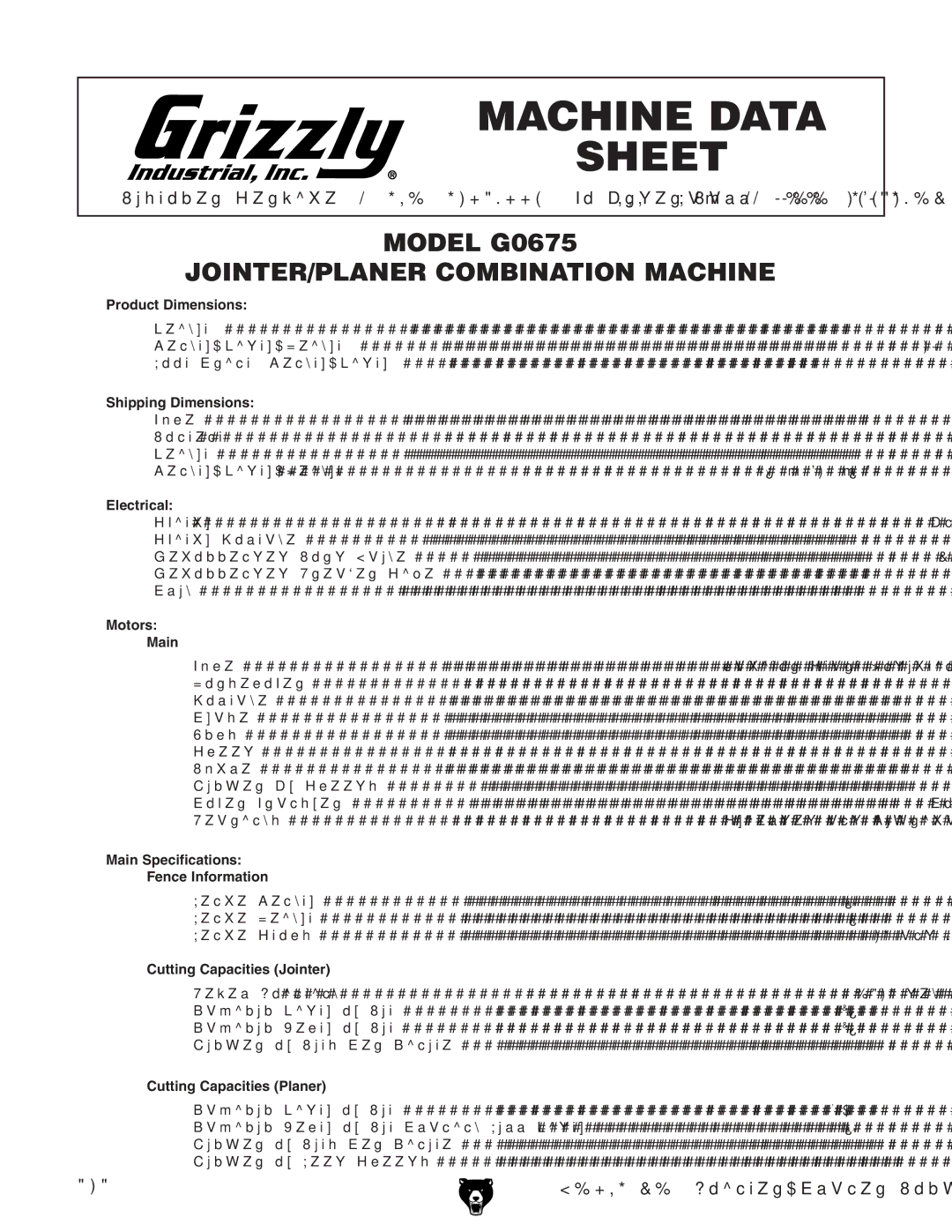 Grizzly G0675 owner manual Machine Data Sheet 