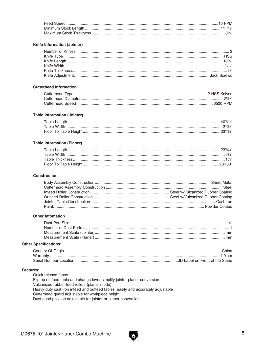 Grizzly G0675 owner manual Knife Information Jointer 