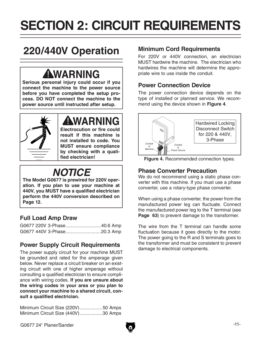 Grizzly G0677 owner manual Circuit Requirements, 220/440V Operation 