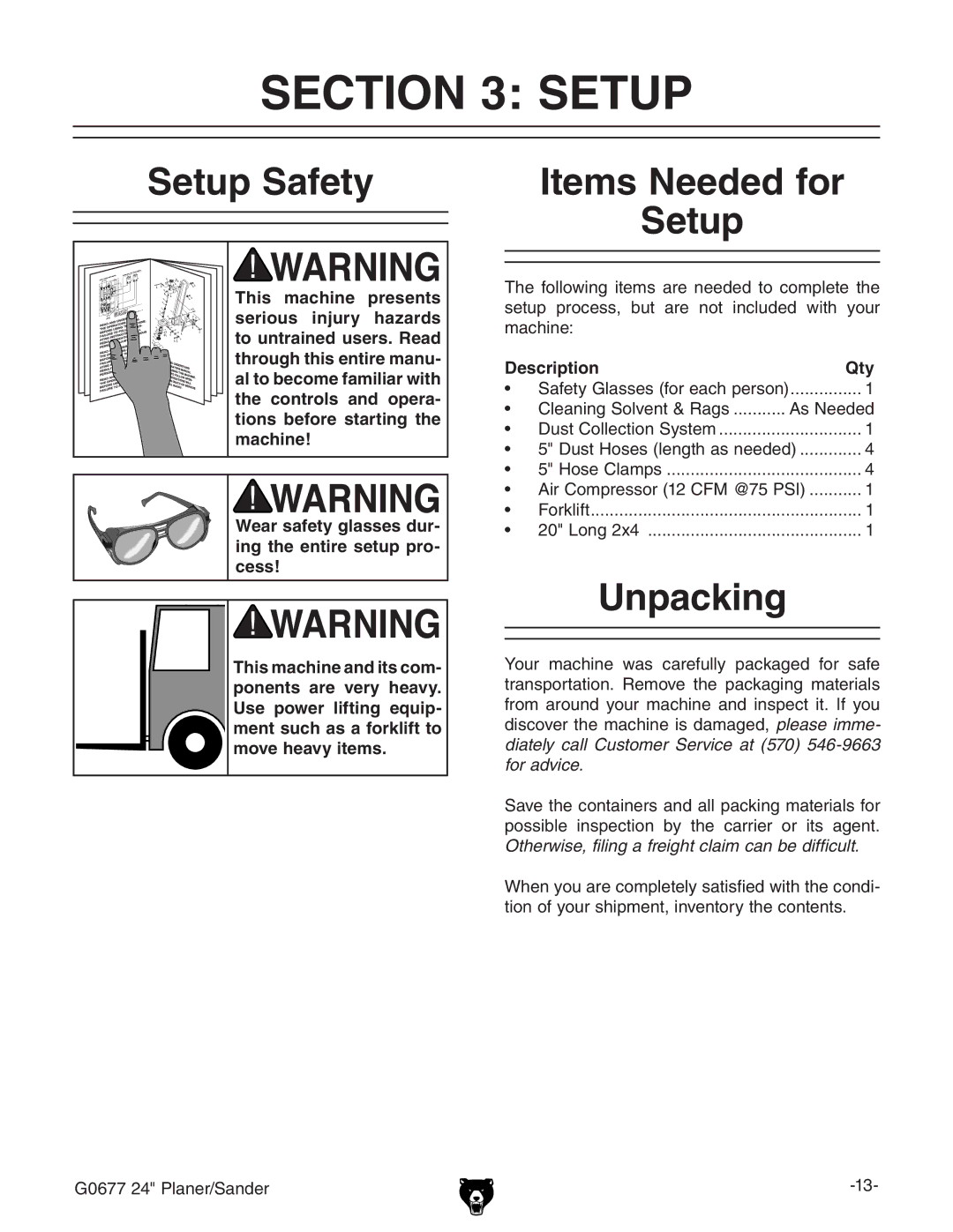 Grizzly G0677 owner manual Setup Safety Items Needed for, Unpacking, Description Qty 