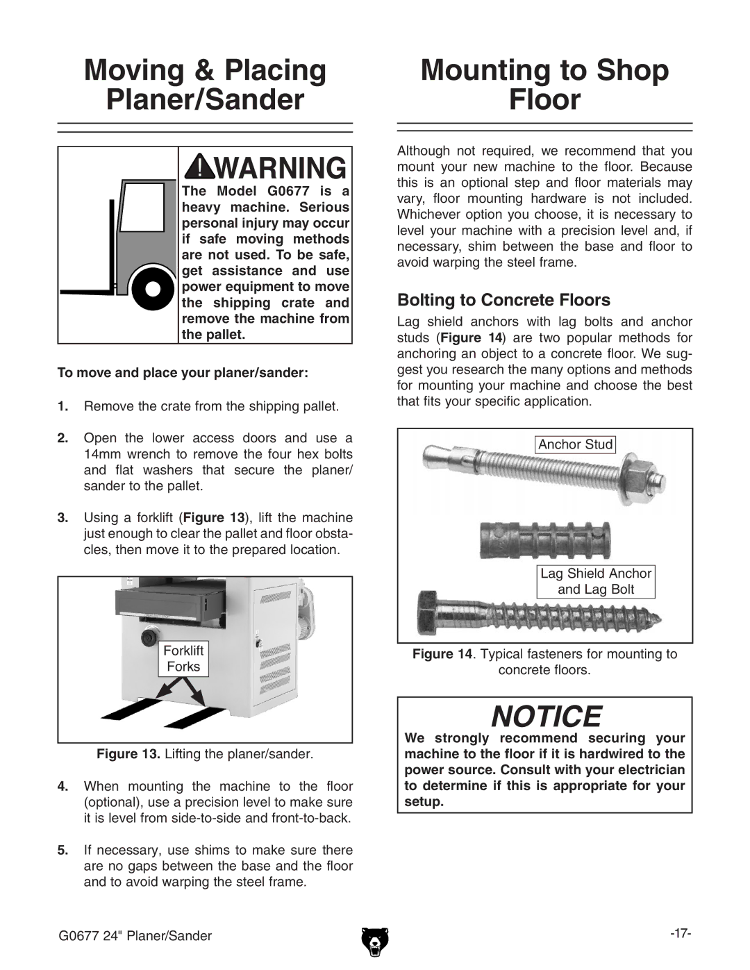 Grizzly G0677 owner manual Moving & Placing Planer/Sander, Mounting to Shop Floor, Bolting to Concrete Floors 