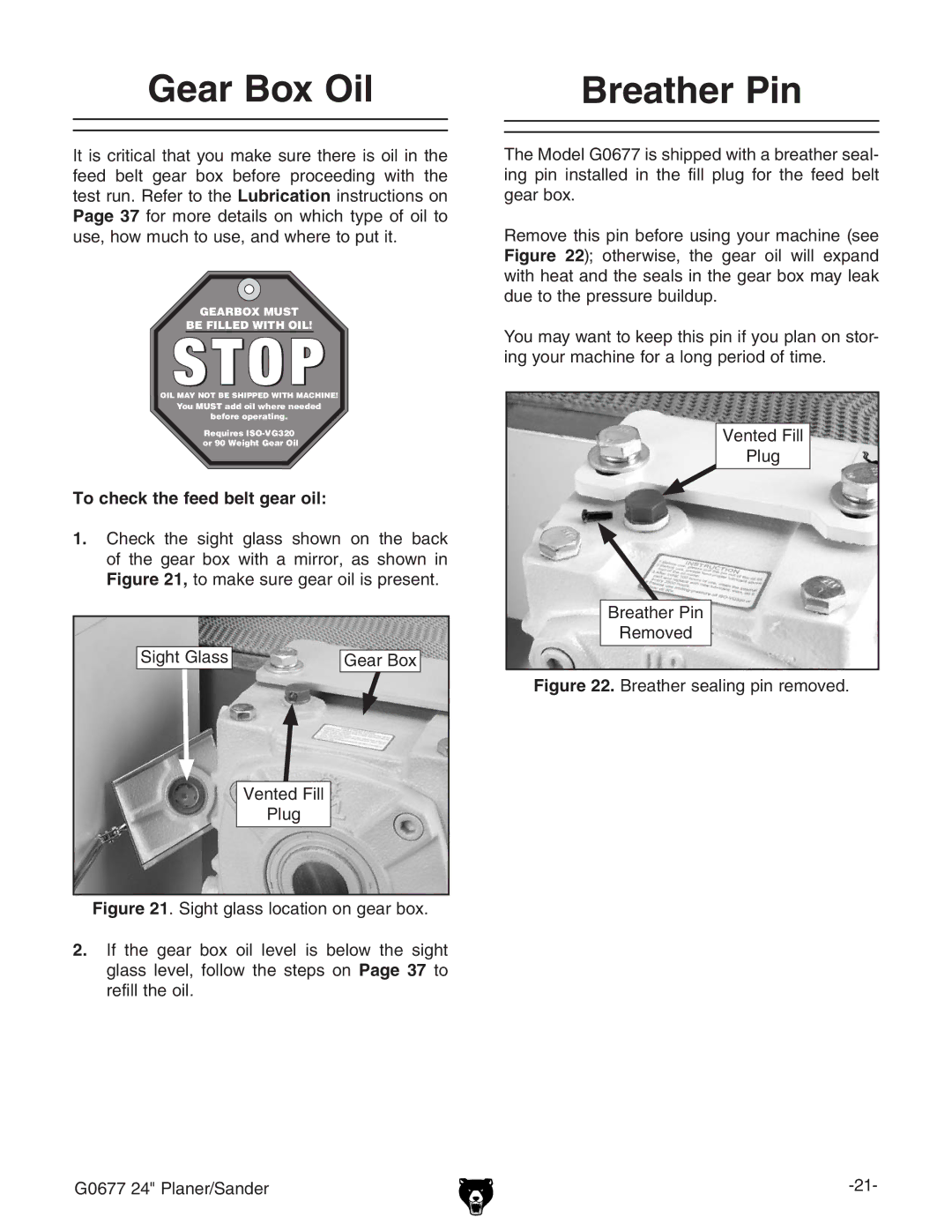 Grizzly G0677 owner manual Gear Box Oil Breather Pin, To check the feed belt gear oil, KZciZYaa Eaj 